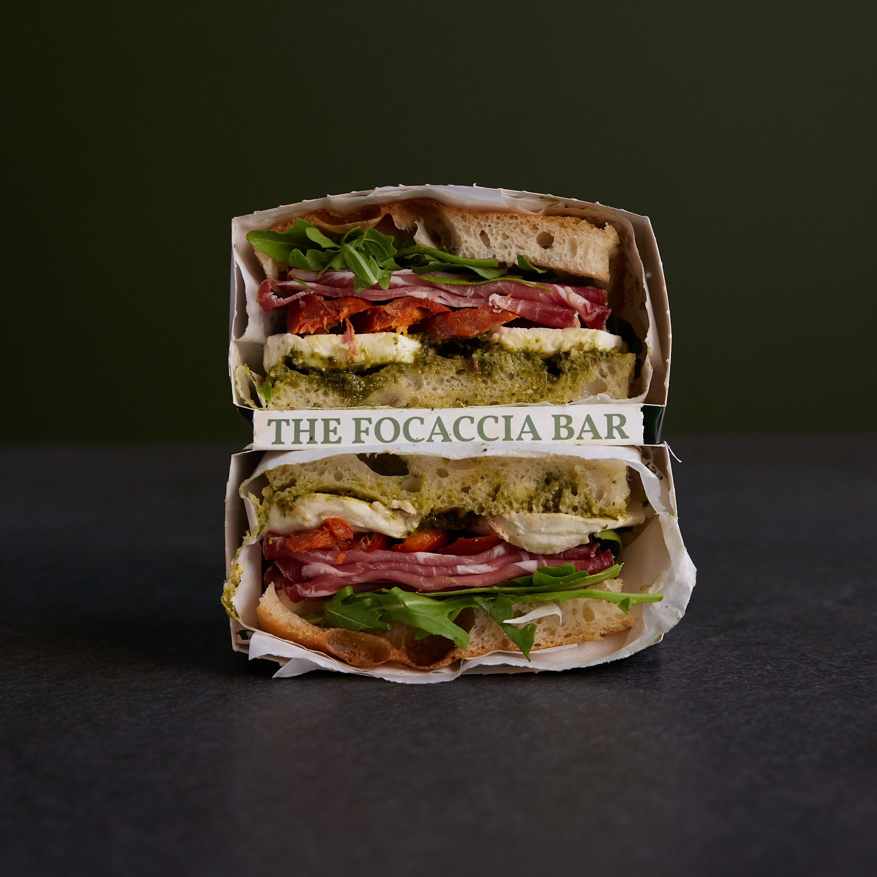 Stacked focaccia sandwich