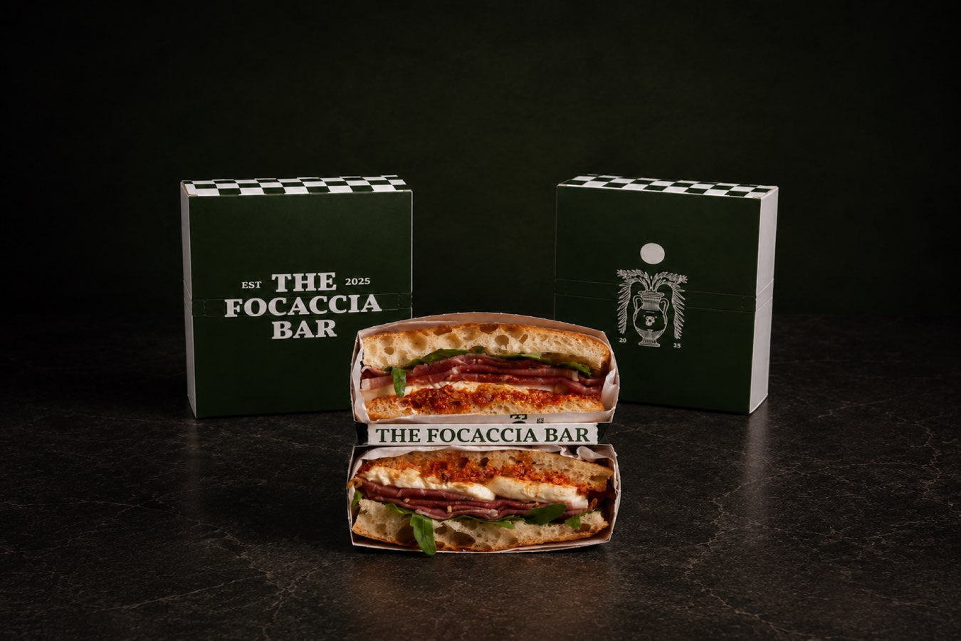 Focaccia sandwich with branded packaging